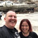 Dr. Janina Scarlet and Dustin McGinnis in front of the Millennium Falcon at Disneyland