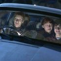 The Weasleys and Harry Potter in the flying car