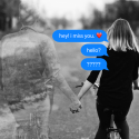 A woman holds the hand of a transparent partner with text bubbles that are being ignored