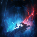 Rise of Skywalker movie promo poster withe Rey and Kylo Red dueling with lightsabers