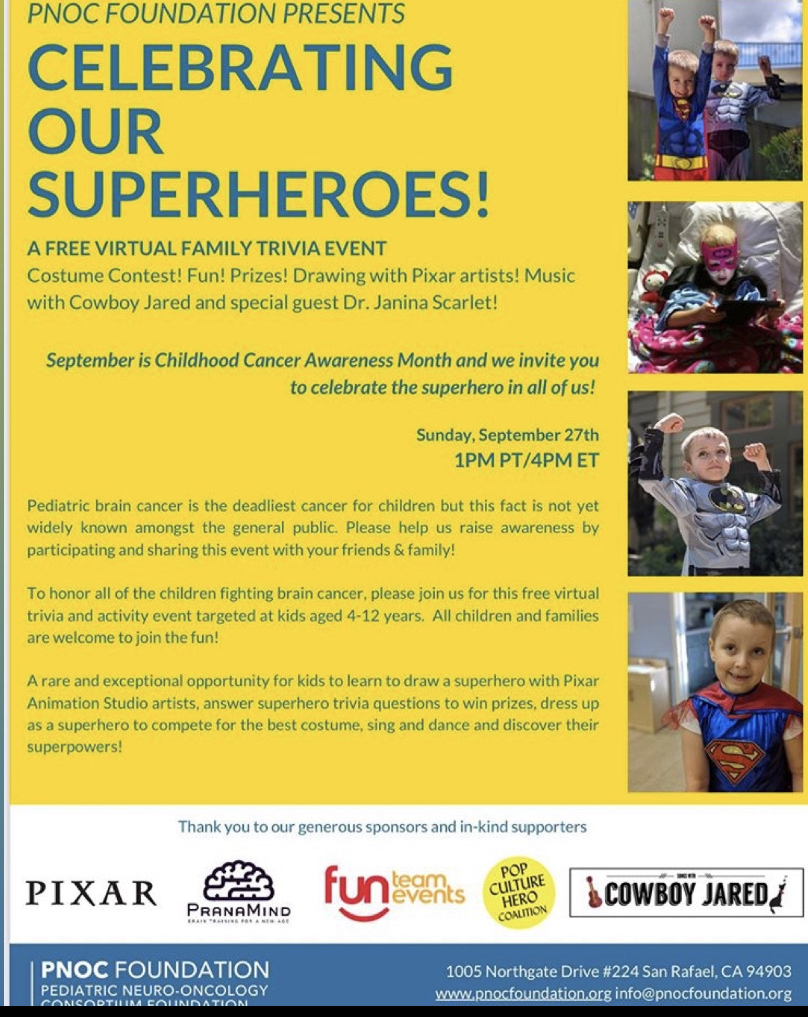 Pediatric Neuro-Oncology Consortium event flyer featuring superhero children