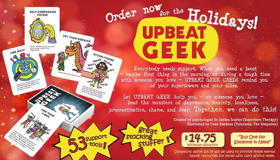 Upbeat Geek card deck promotional flyer for the Holidays