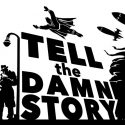 Tell the Damn Story podcast black and white logo