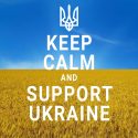 Picture of a wheat field and a blues sky with the words "Keep Calm and Support Ukraine"