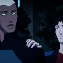 Still frame from the TV show Young Justice featuring Superboy consoling Kaldur'ahm in the Phantom Zone