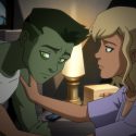 Still from from the TV show Young Justice featuring Beast Boy being consoled by Queen Perdita