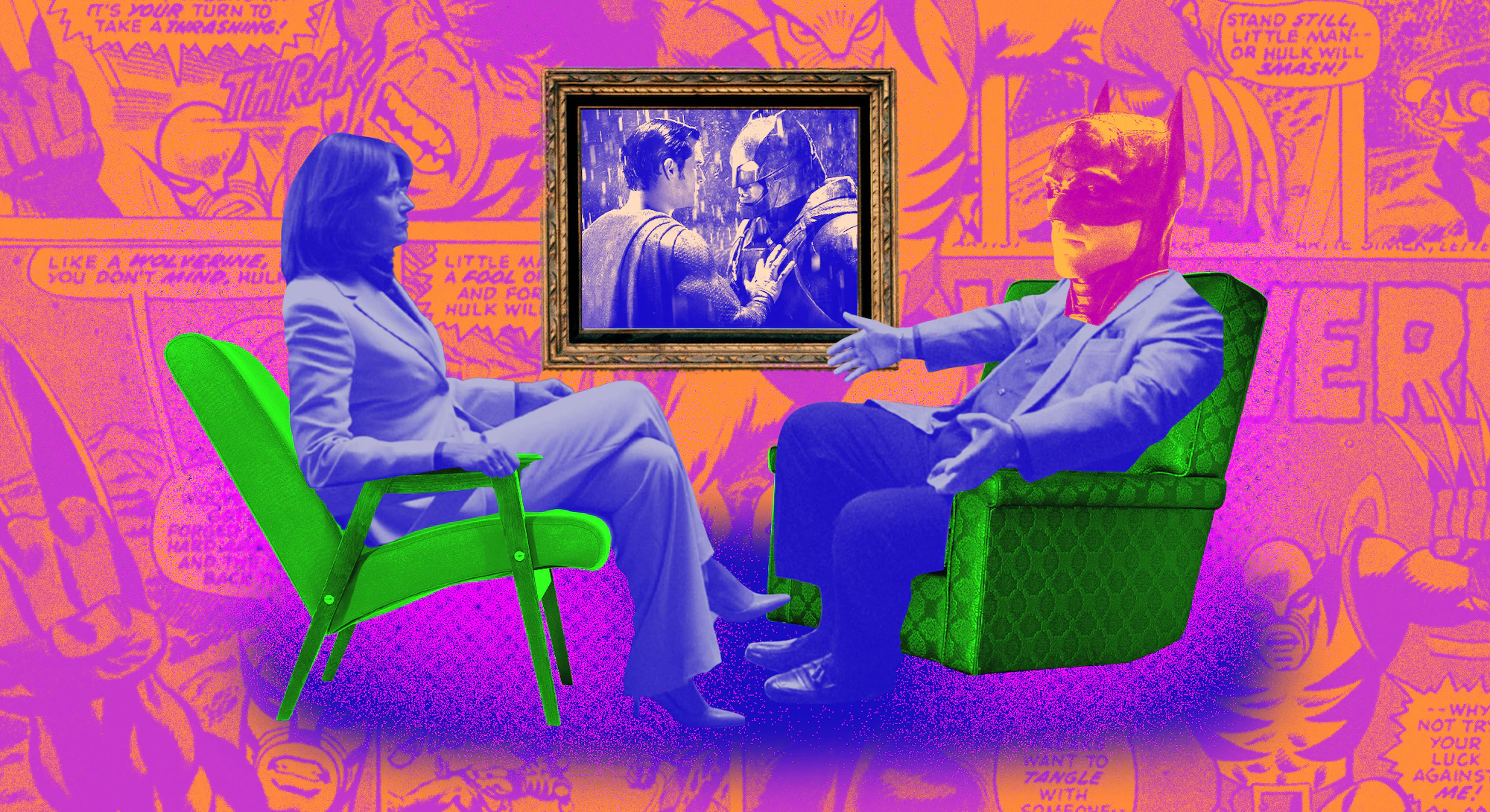A picture of Batman and Therapist in therapy with a psychedelic colored background